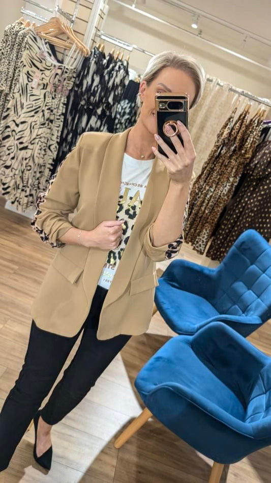 Beige Leopard Print Stripe Blazer