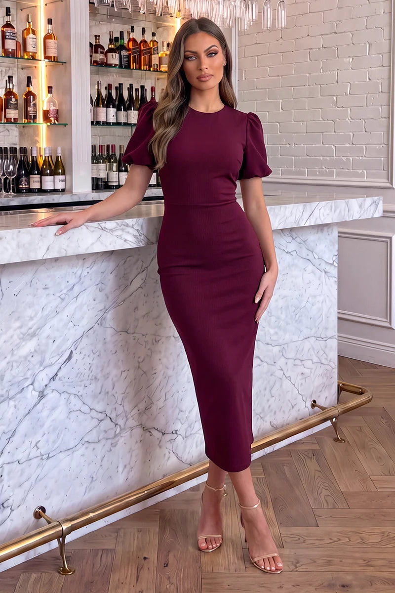 Plum Puff Sleeve Midi Dress