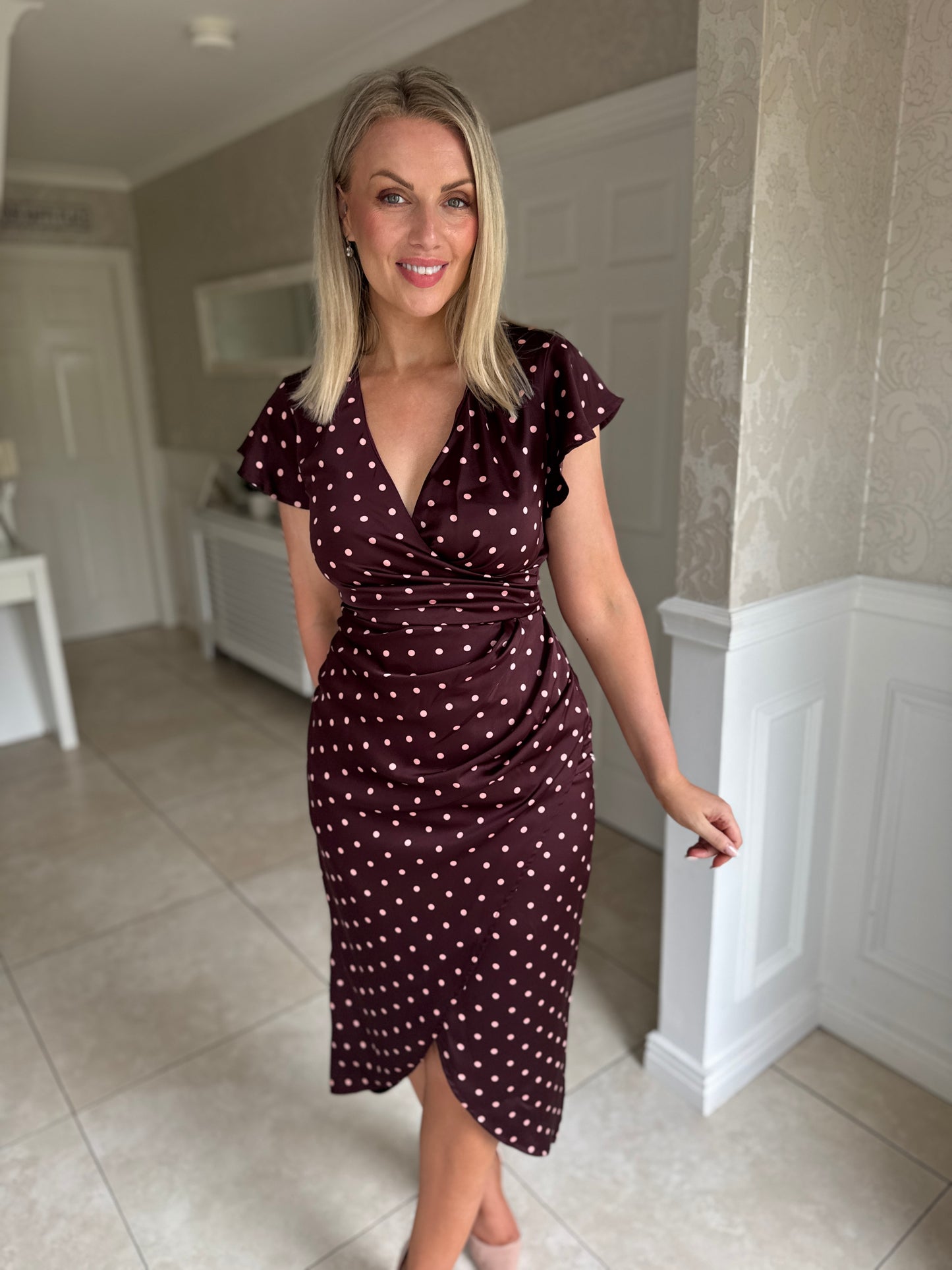 Burgundy Polka Dot Print Flutter Sleeve Wrap Midi Dress