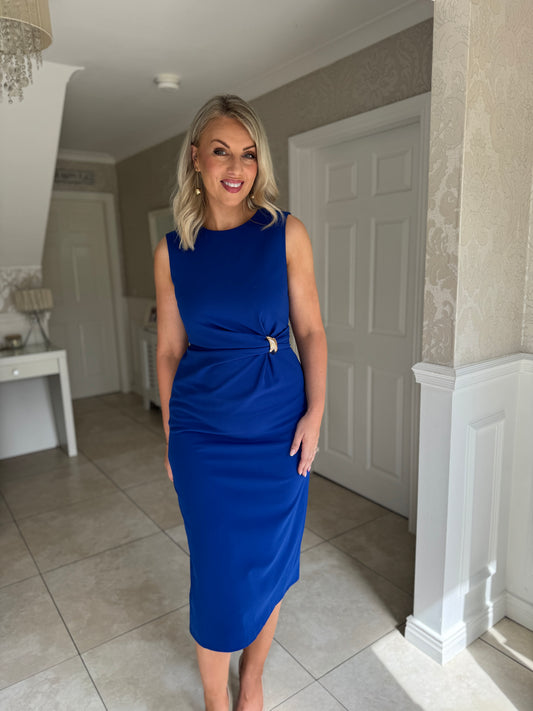Louisa Gold Buckle Wrap detail Midi Dress Cobalt