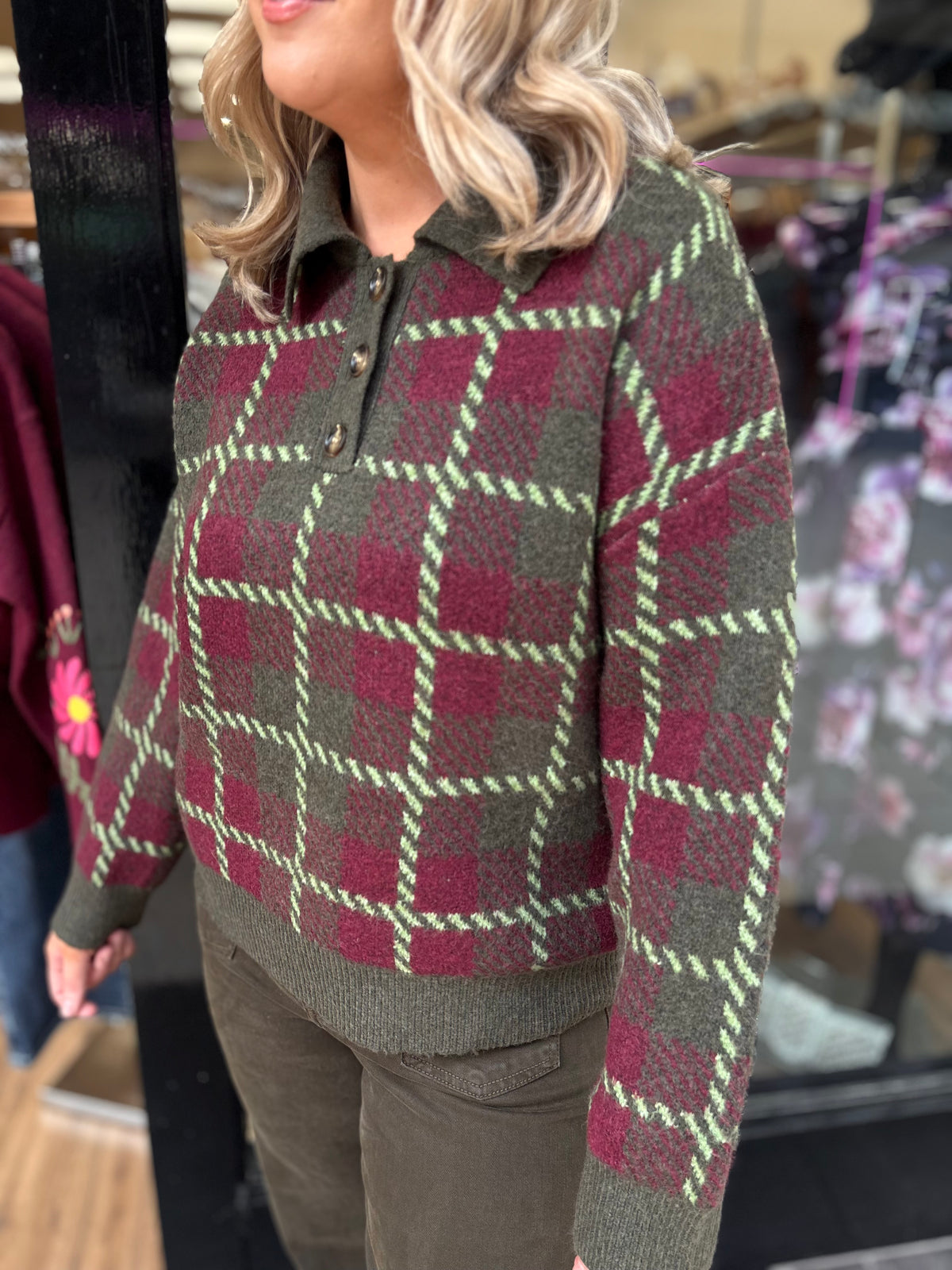 Check Collared Knit- Kaki