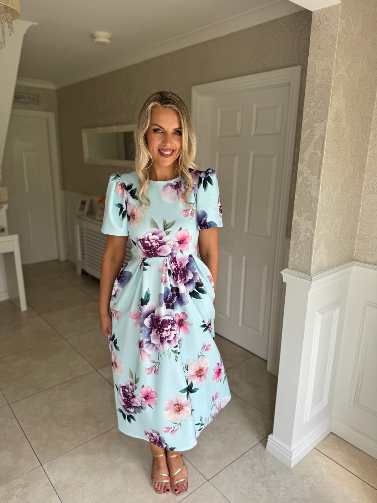 Elowin Statement Sleeve Skater Midi Dress Blue Floral