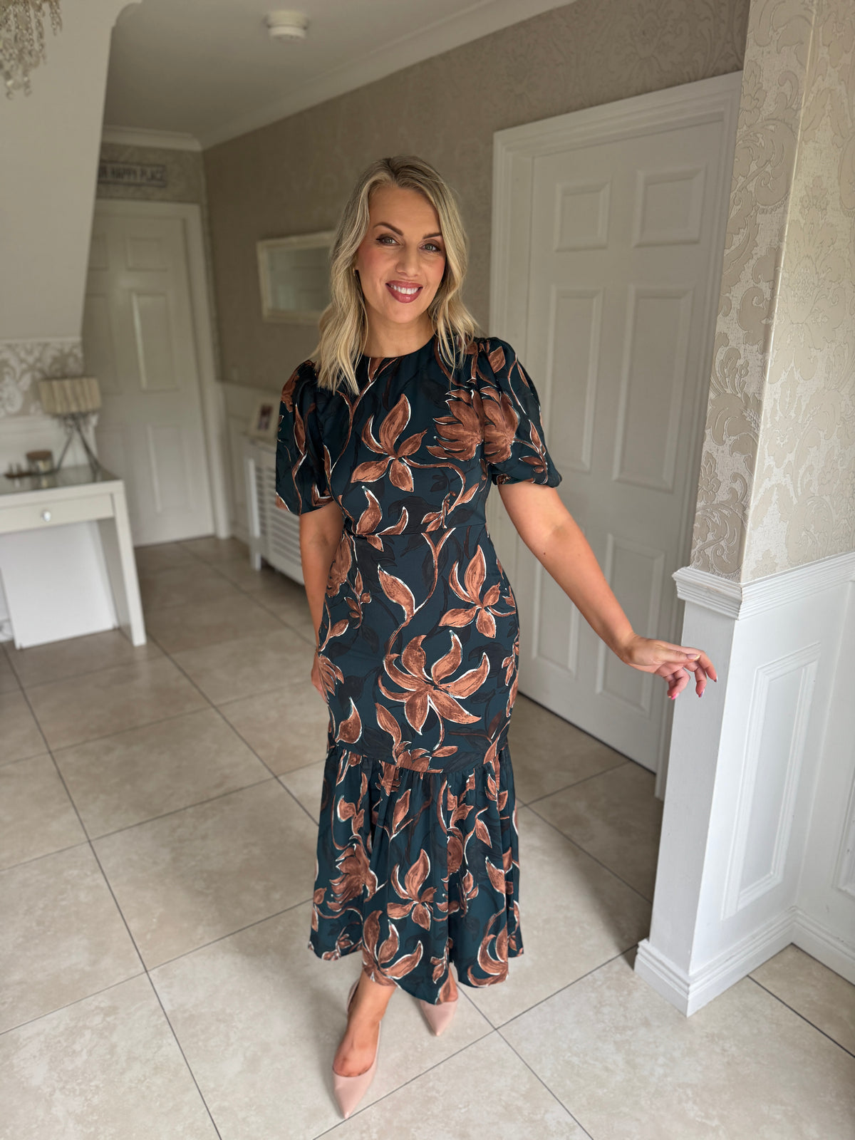 Briege Green Puff Sleeve Floral Ruffle Hem Midi Dress