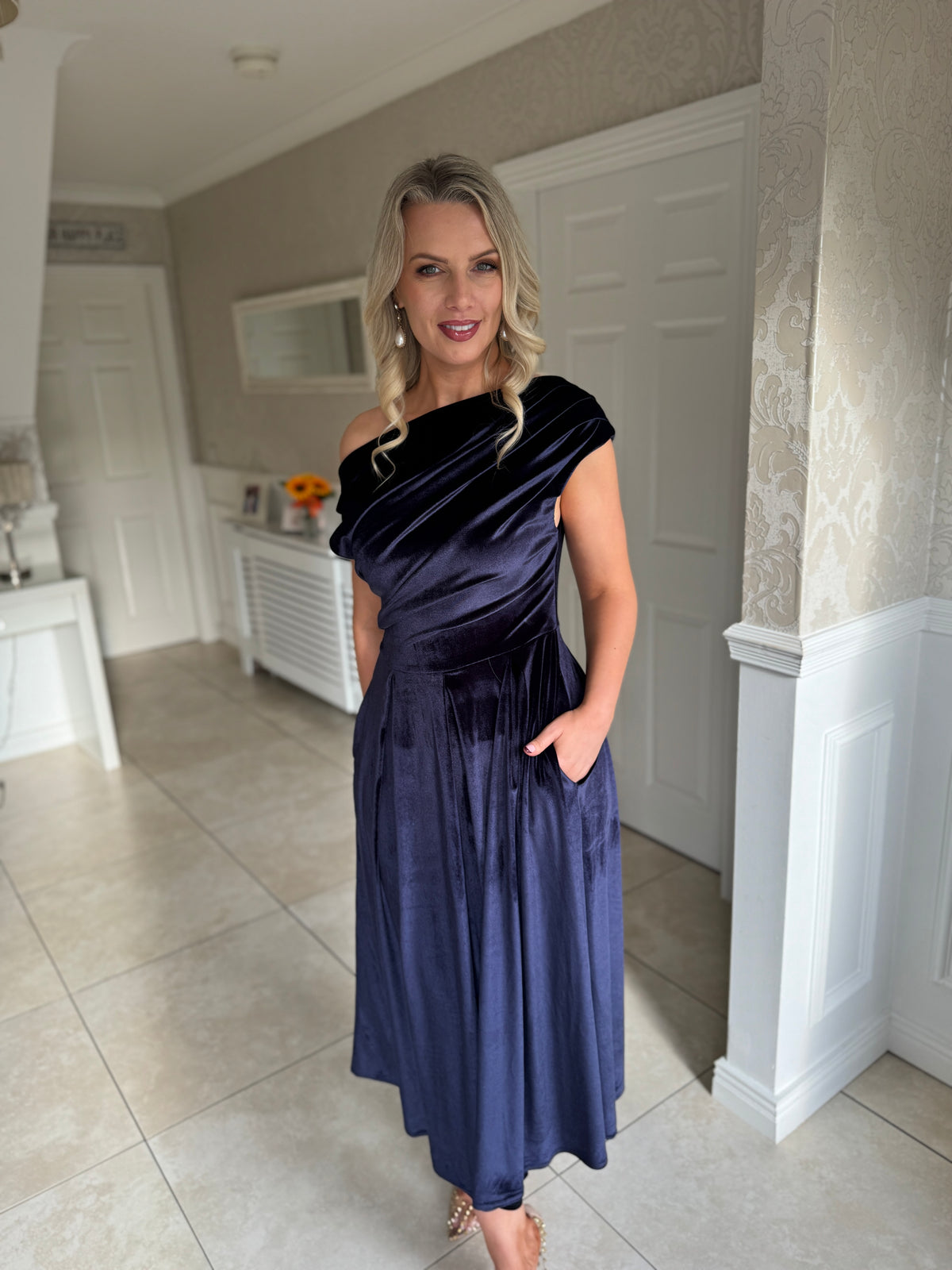 Betty Asymmetric Neckline Skater Midi Indigo Velvet