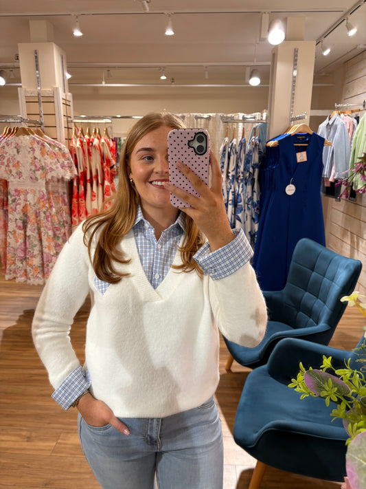 Gingham Collared Knit Jumper- White
