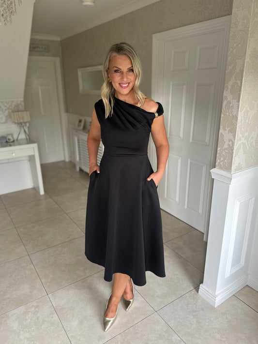Tillie Gold Trim Asymmetric Neck Midi Dress Black