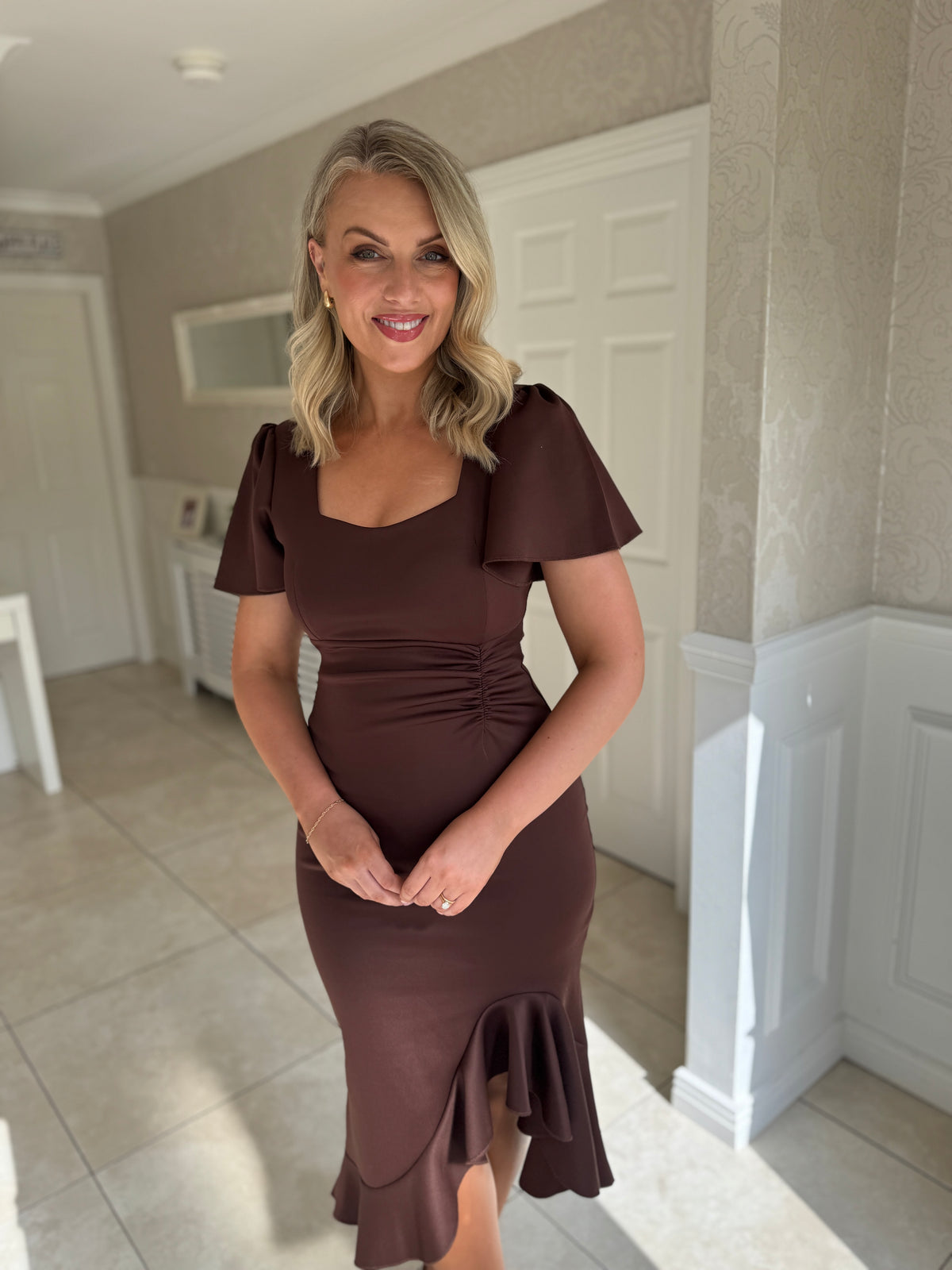 Leona Square Neck Frill Midi Dress Brown