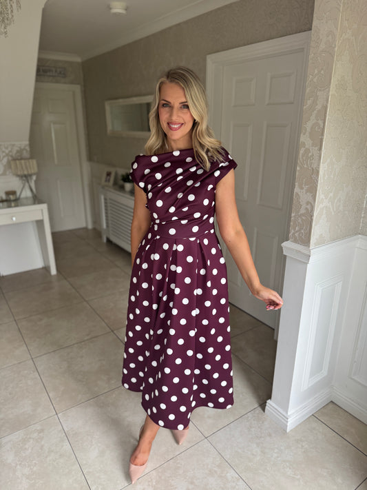 Betty Asymmetric Neckline Skater Midi Dress Berry Polka