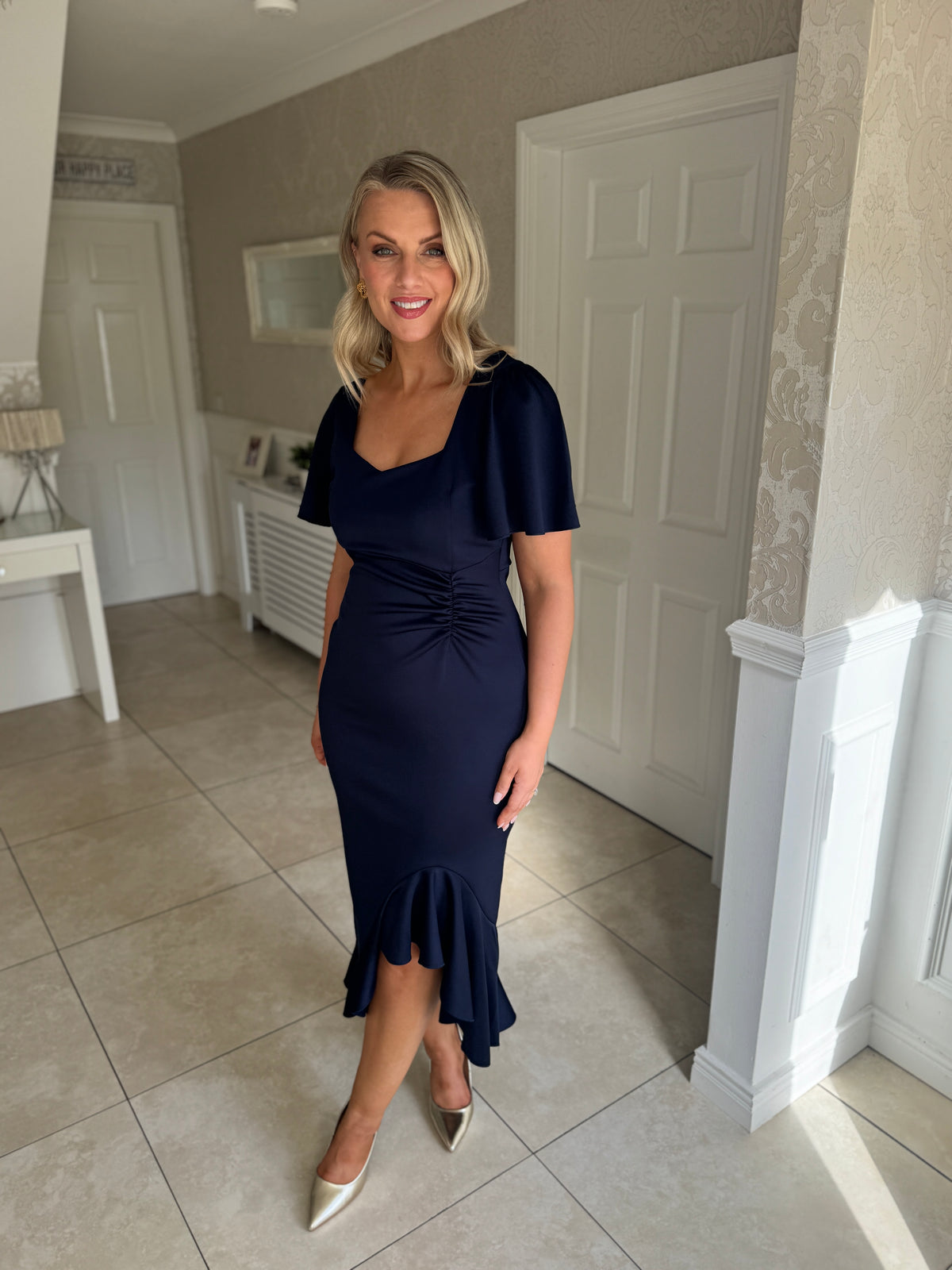 Leona Square Neck Frill Midi Dress Navy