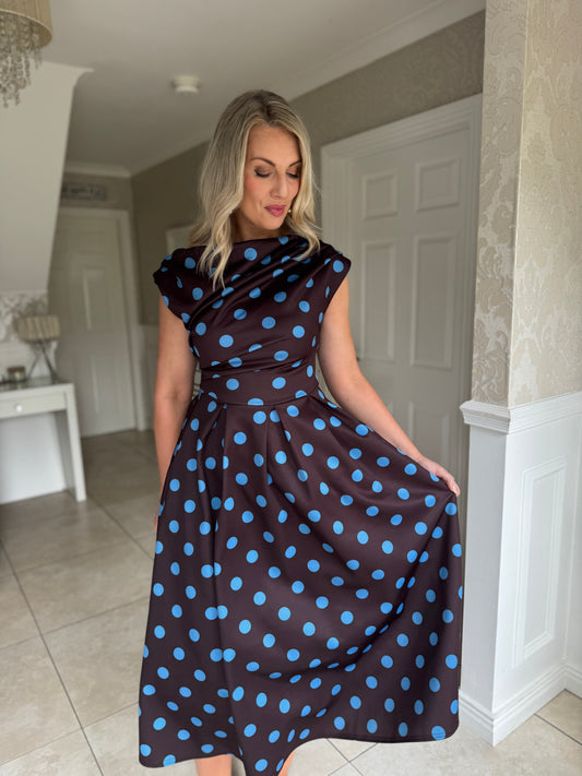 Betty Asymmetric Neckline Floral Skater Midi Dress Brown Polka