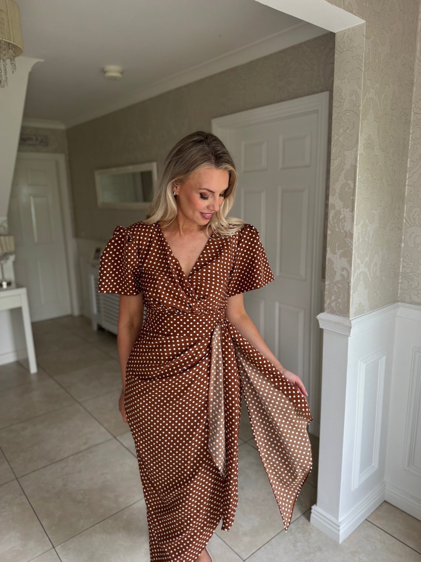 Drew Puff Sleeve Wrap Front Midi Dress Brown Spot