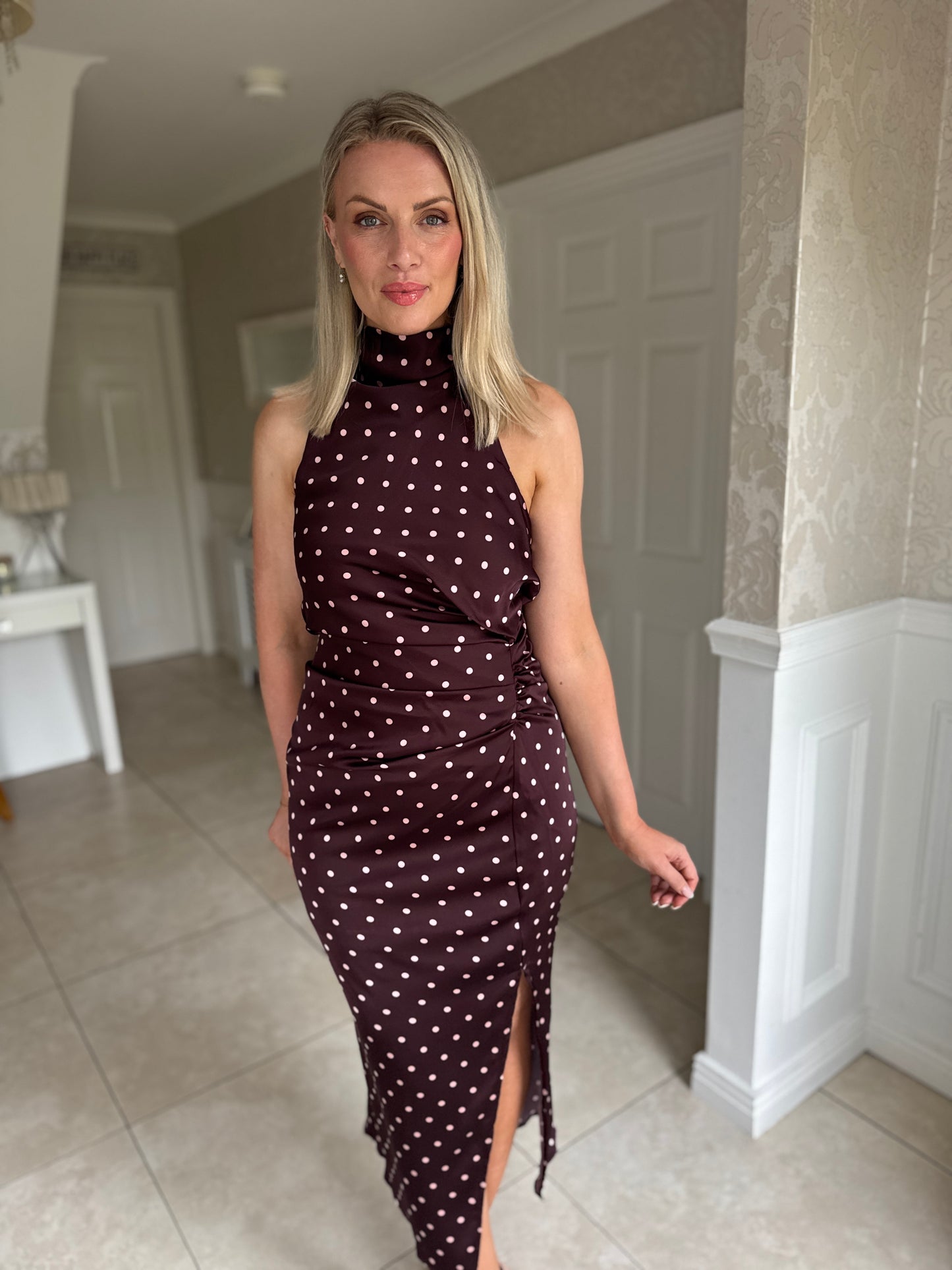 Burgundy Polka Dot Satin Ruched Midi Dress