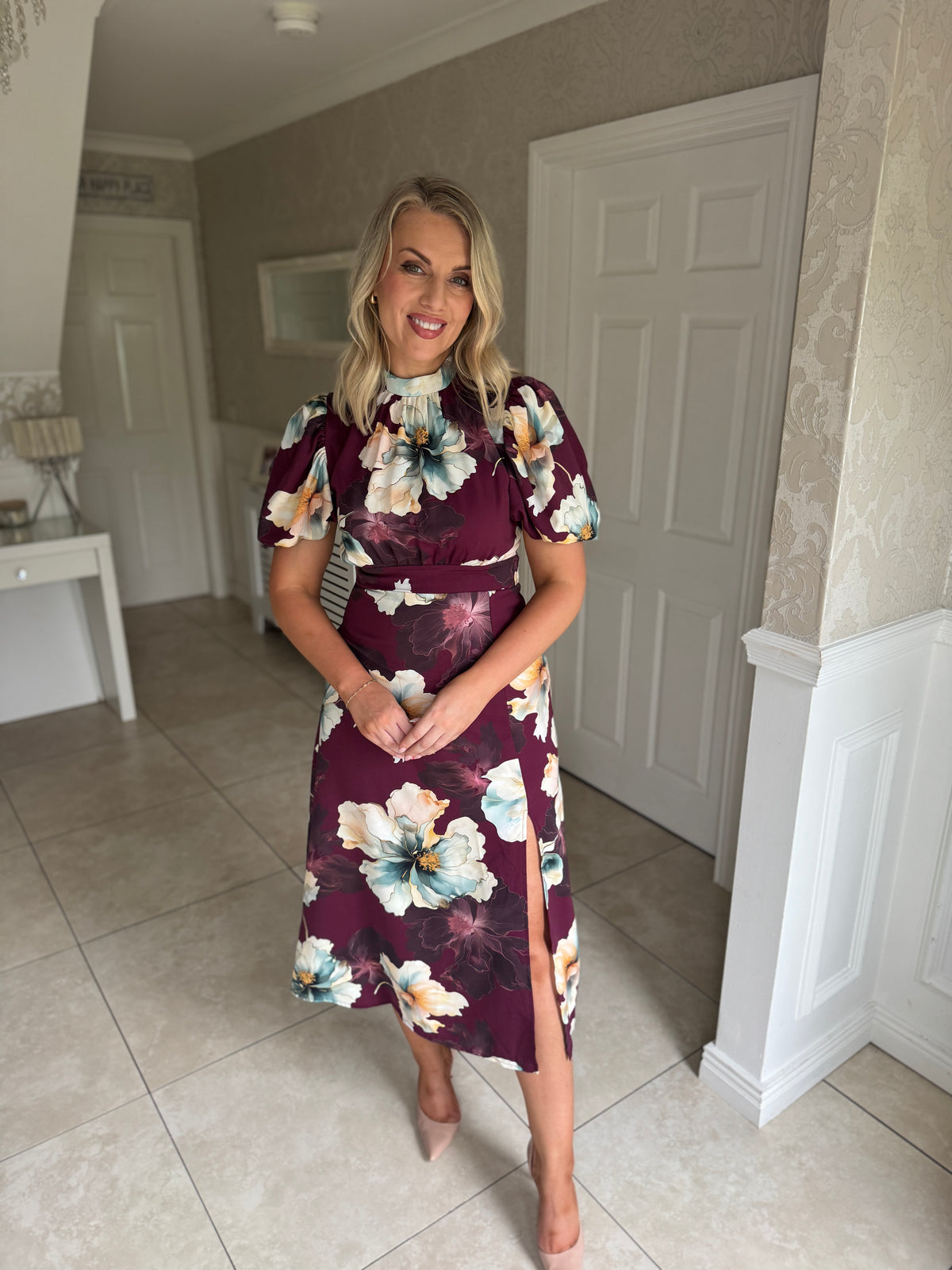Lilith Plum Flower Puff Sleeve High Neck Midi Dress