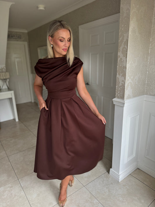 Betty Asymmetric Neckline Floral Skater Midi Dress Brown