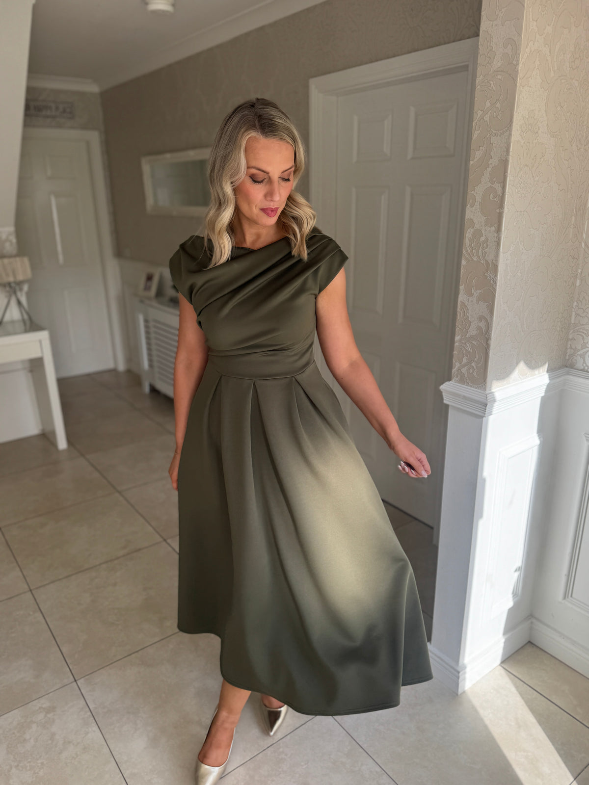 Betty Asymmetric Neckline Skater Midi Khaki Green