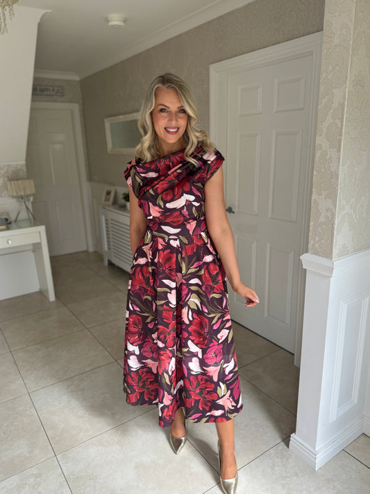 Betty Asymmetric Neckline Large Floral Skater Midi Dress Cranberry