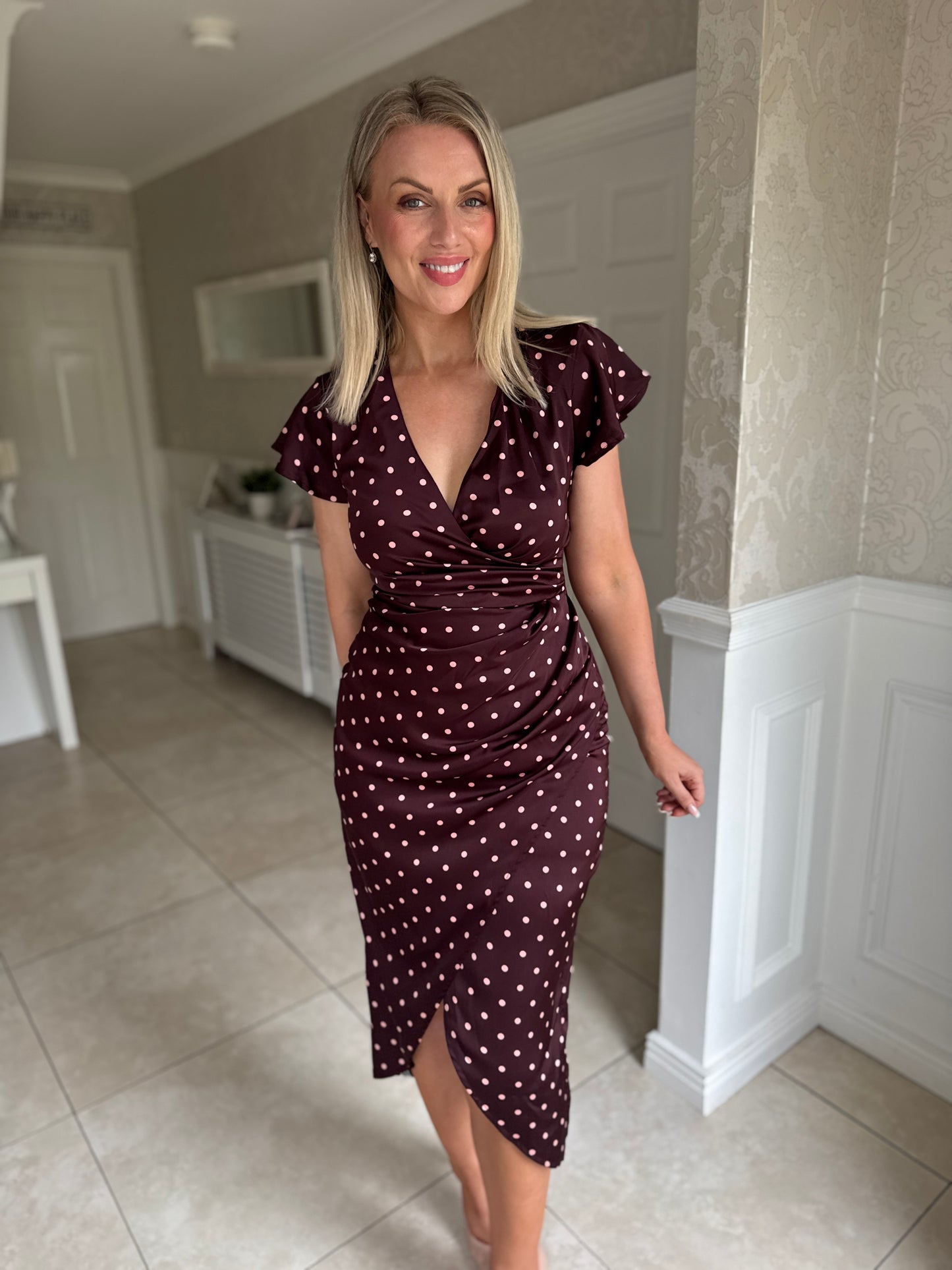 Burgundy Polka Dot Print Flutter Sleeve Wrap Midi Dress