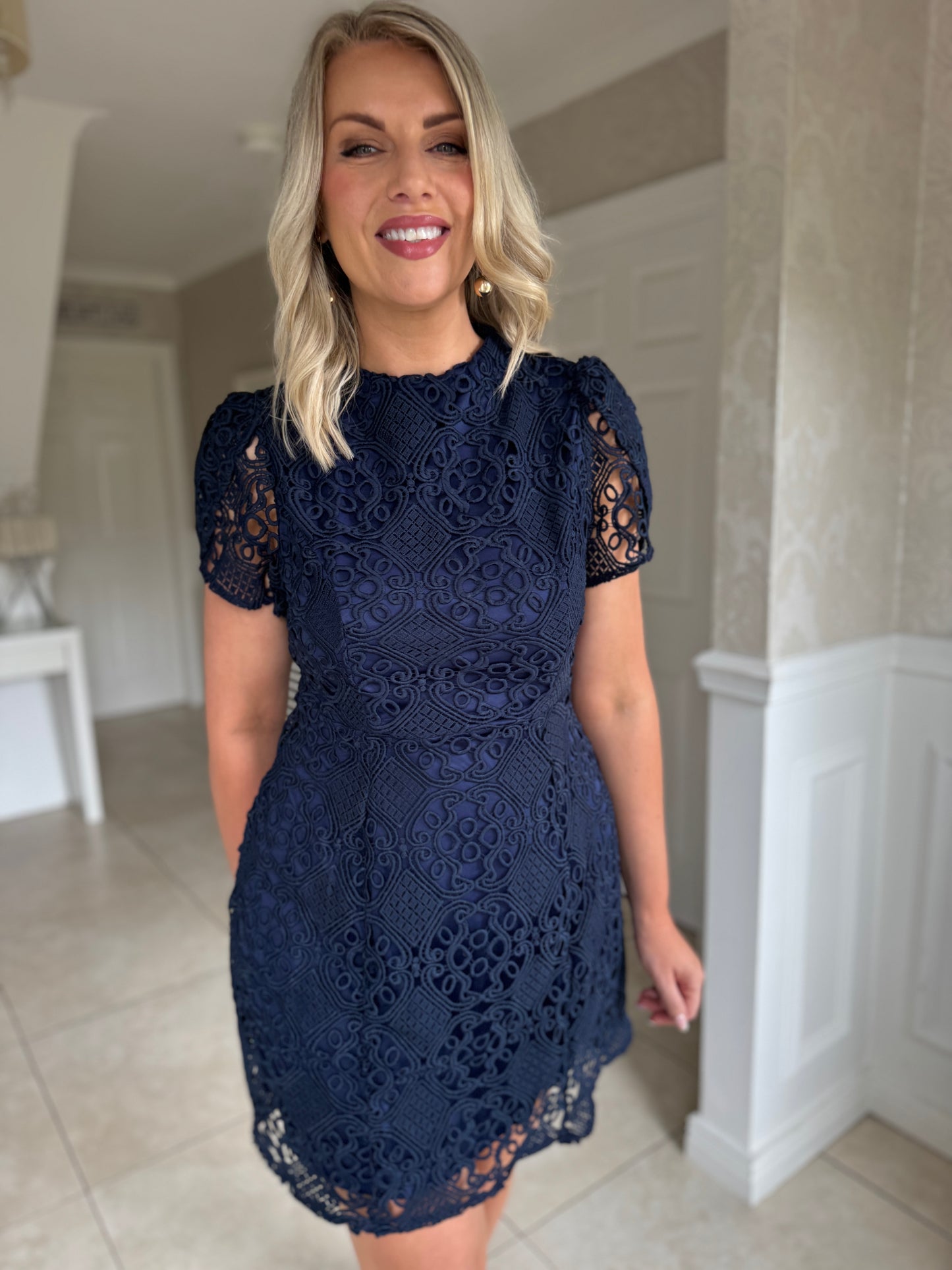 Ami Corded Lace Tulip Sleeve Mini Dress Navy