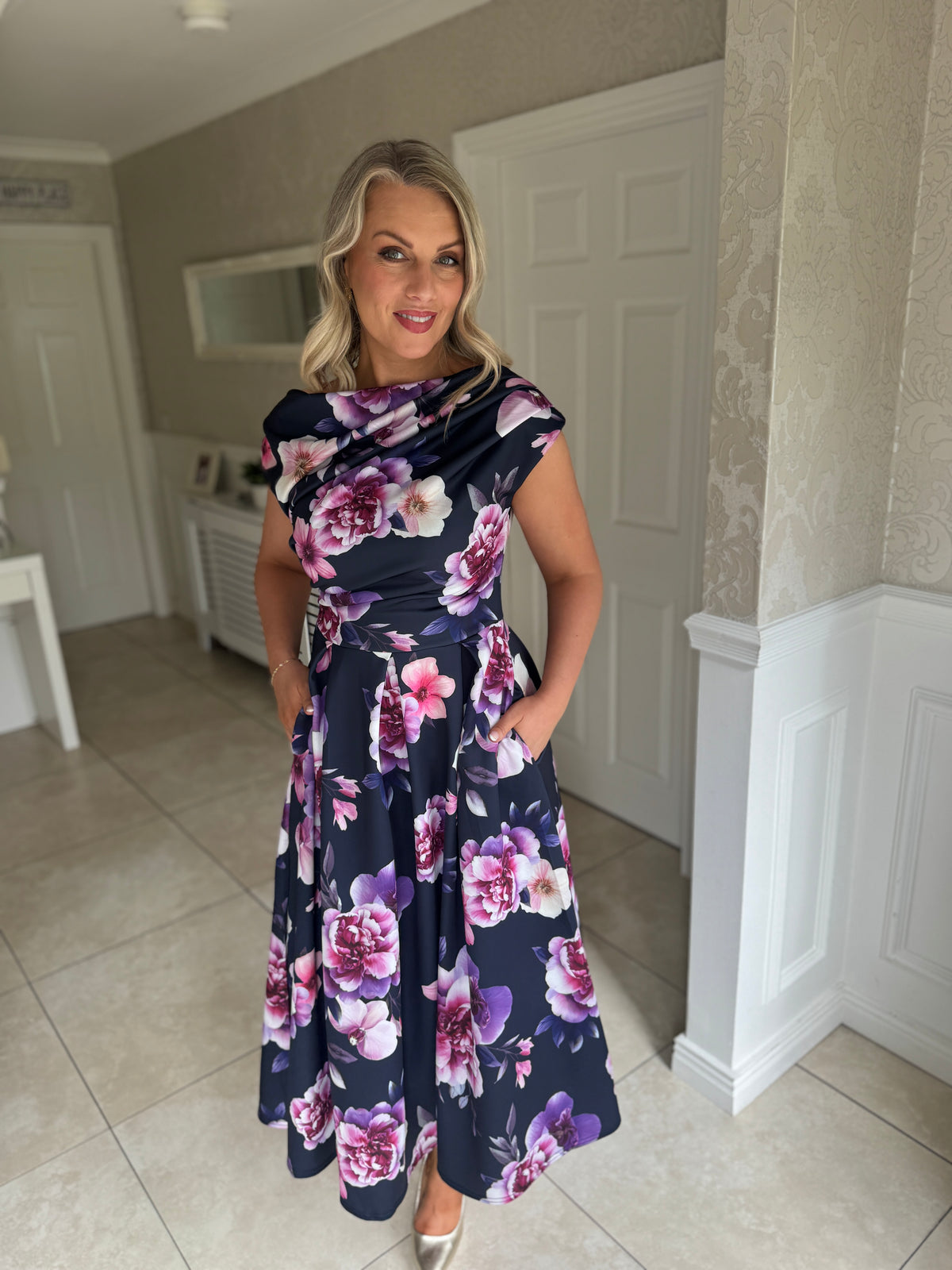 Betty Asymmetric Neckline Floral Skater Midi Dress Navy