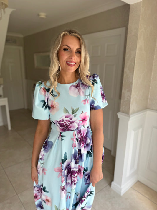 Elowin Statement Sleeve Skater Midi Dress Blue Floral