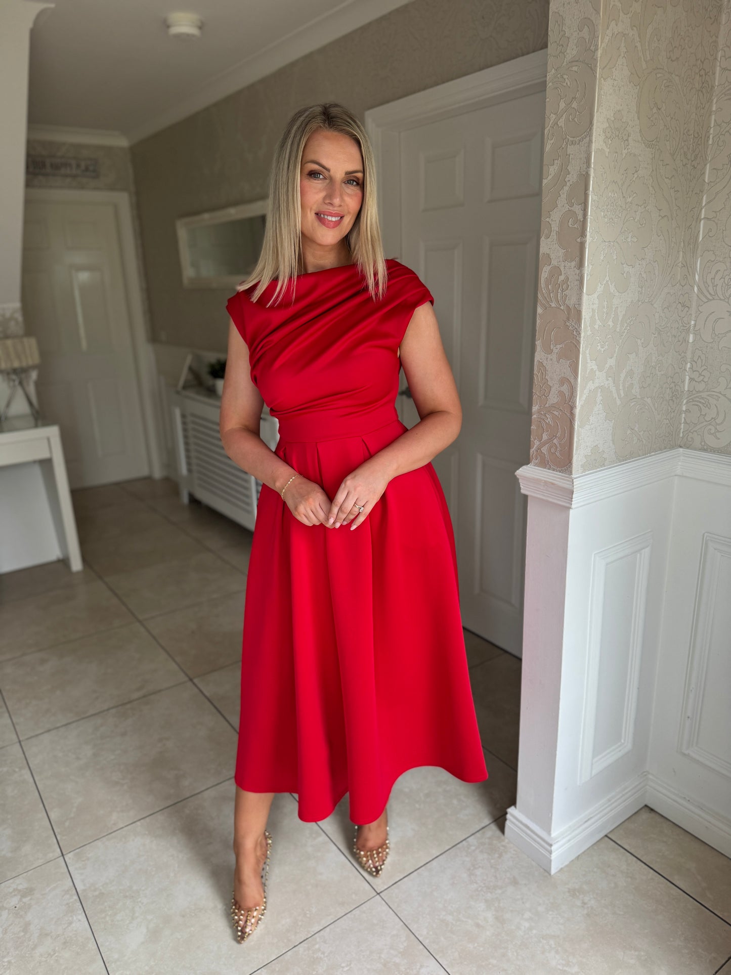 Betty Asymmetric Neckline Floral Skater Midi Dress Red