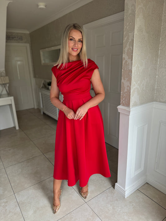 Betty Asymmetric Neckline Floral Skater Midi Dress Red