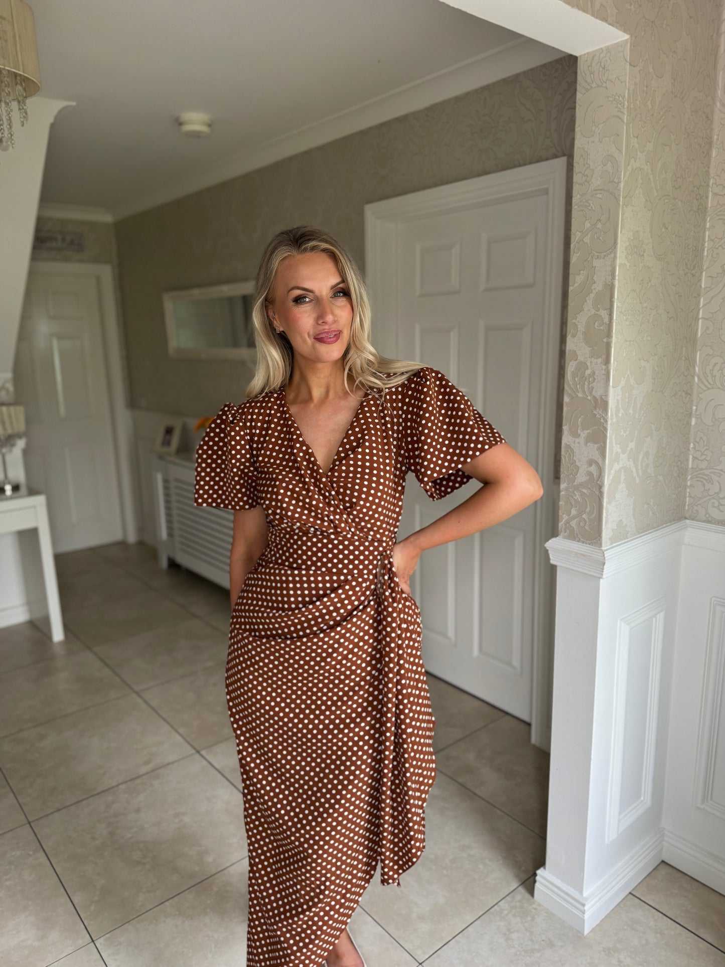 Drew Puff Sleeve Wrap Front Midi Dress Brown Spot