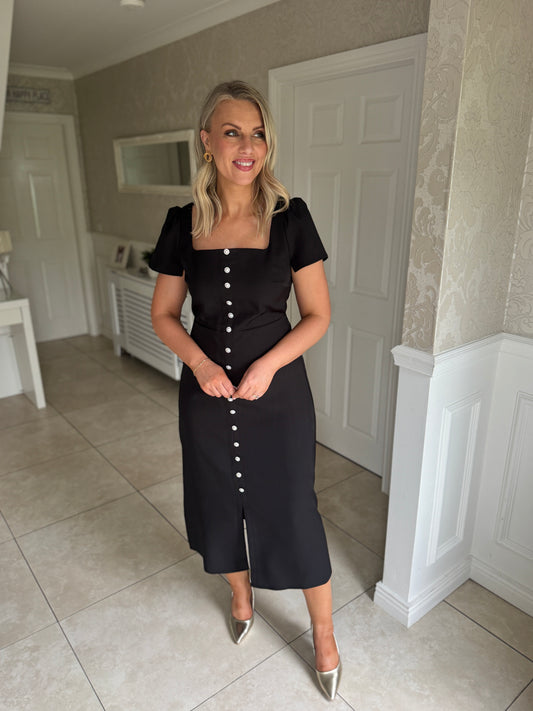 Aliya Pearl Button Midi Dress Black