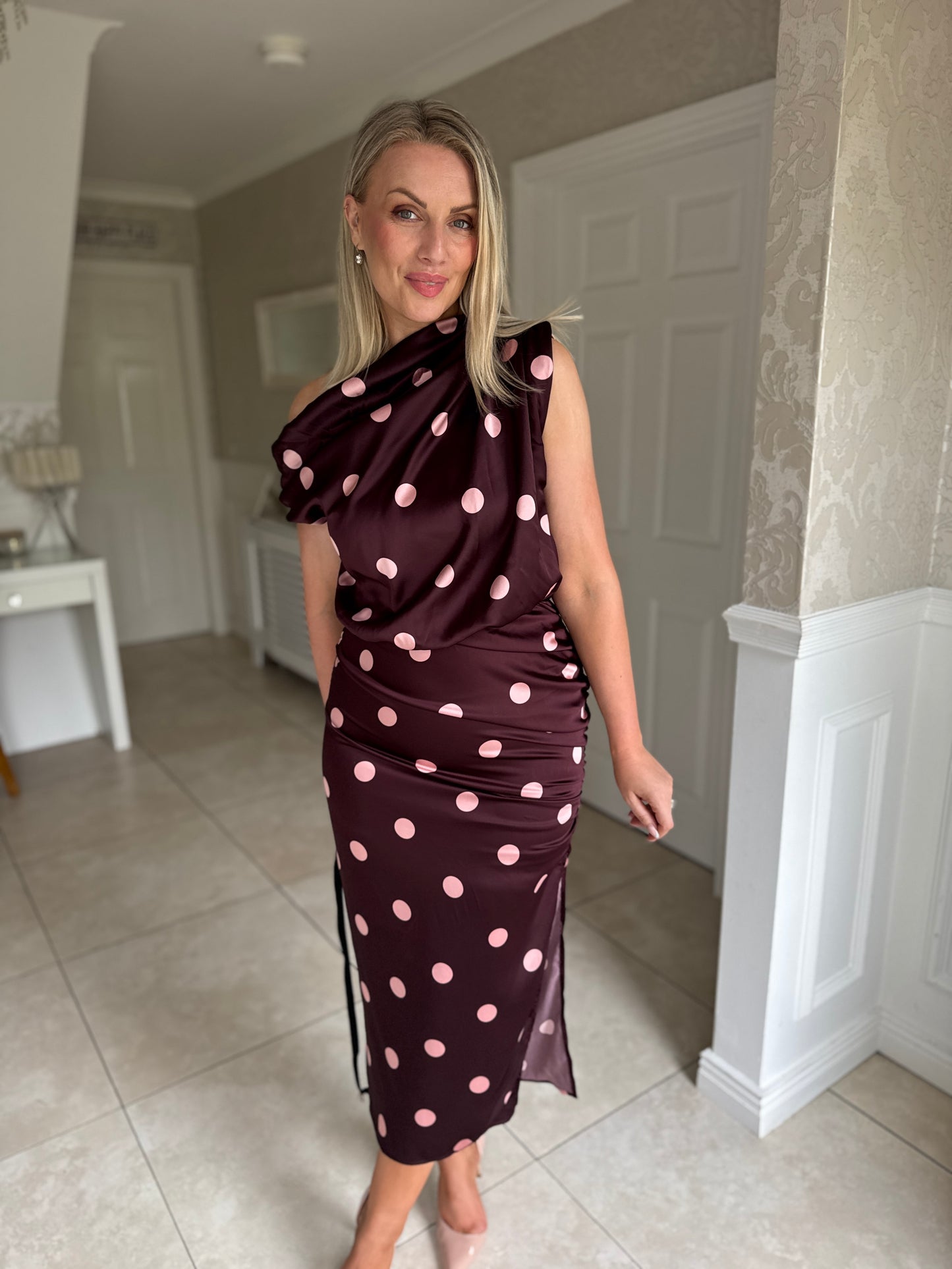 Plum Polka Dot Off The Shoulder Draped Midi Dress