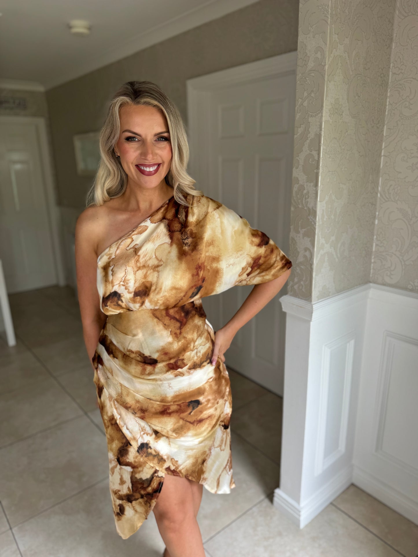 Ira One Shoulder Wrap Skirt Midi Dress Gold Print