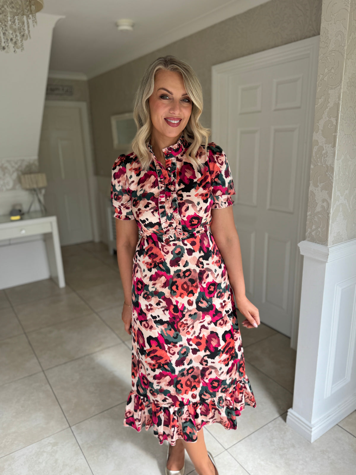 Kirsty Ruffle Hem Midi Dress Pink Leopard