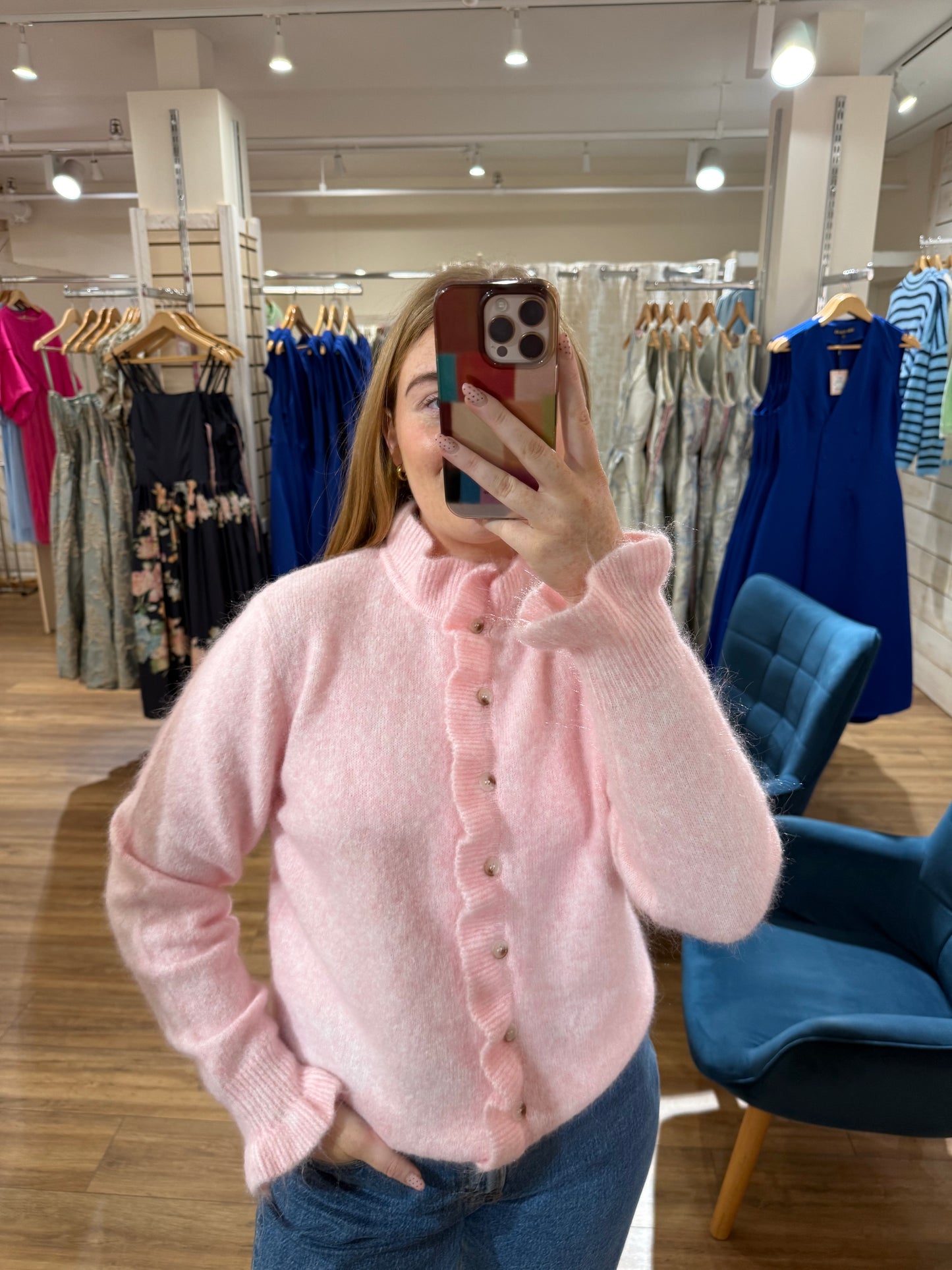 Frill Neck Cardigan- Pink