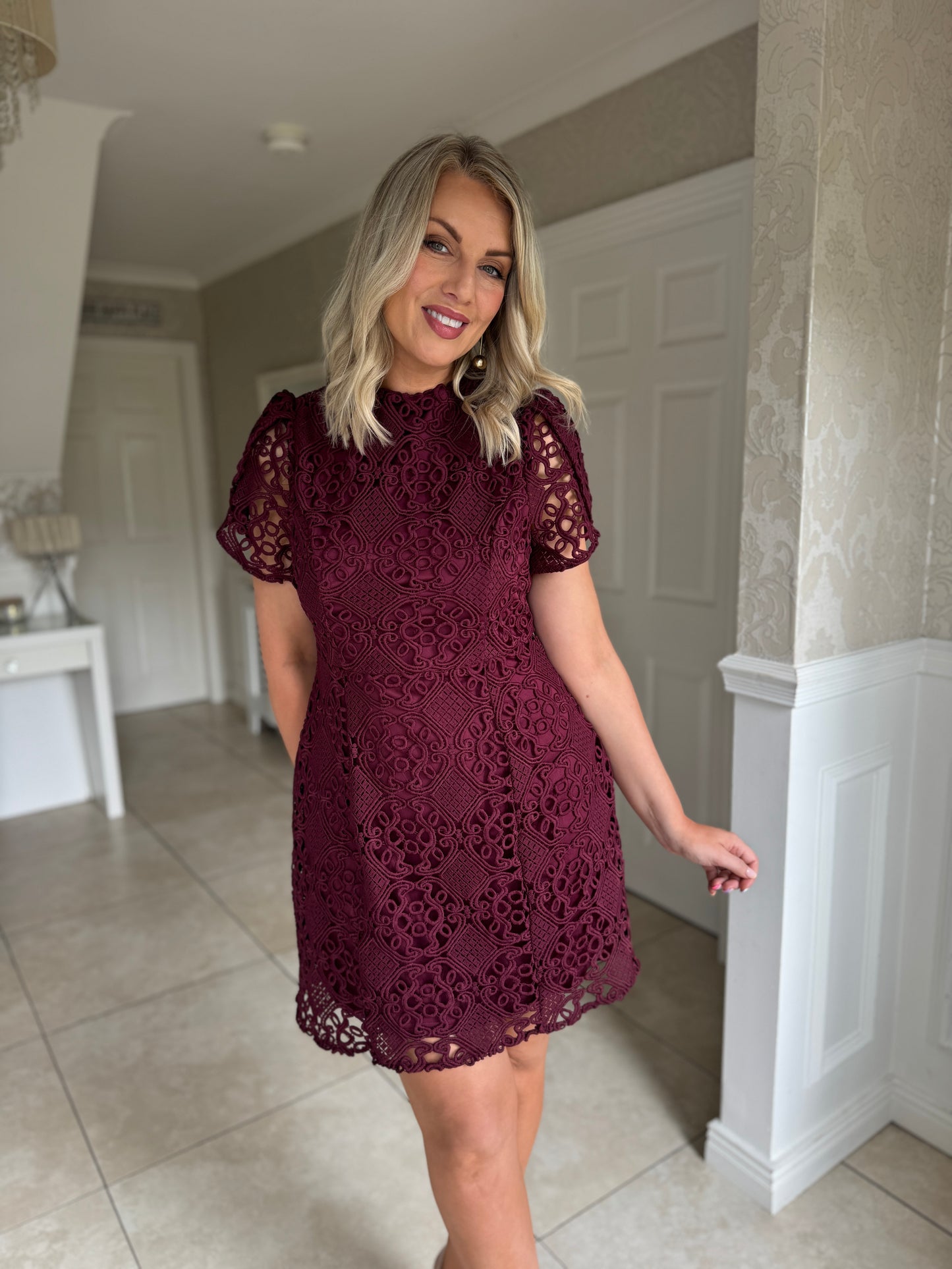 Ami Corded Lace Tulip Sleeve Mini Dress Plum