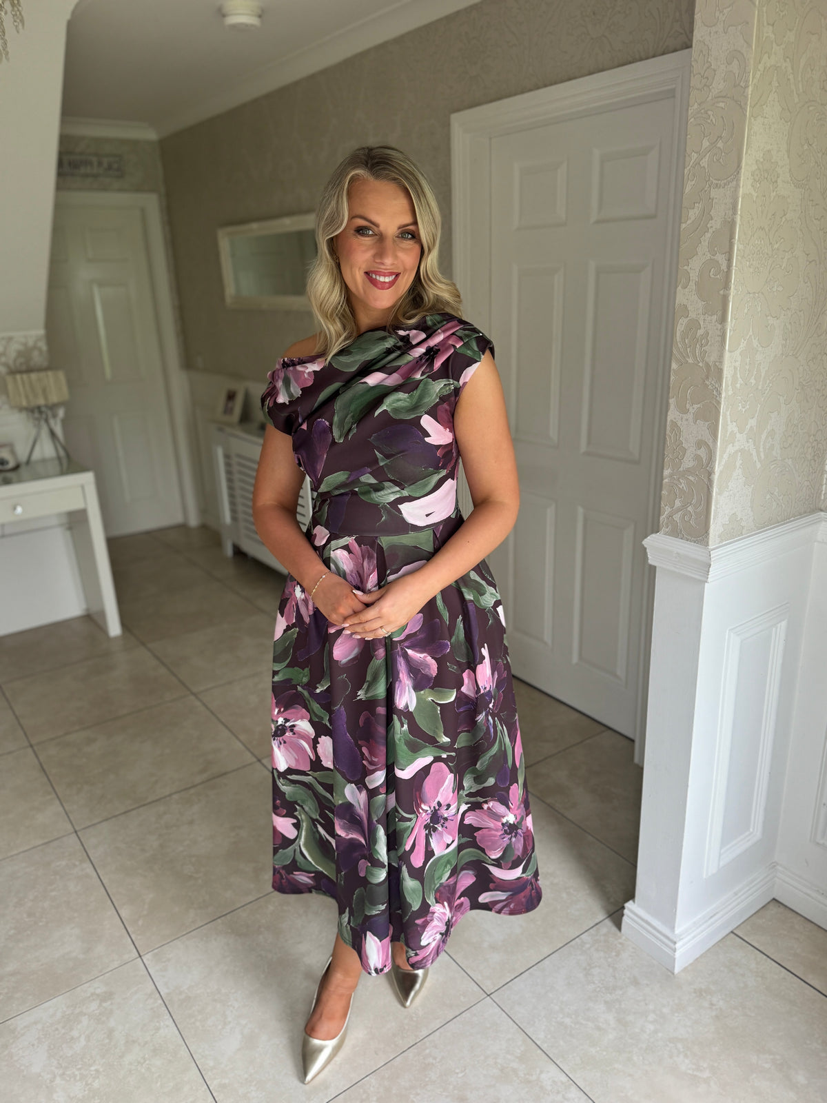 Betty Asymmetric Neckline Large Floral Skater Midi Dress Vintage Berry