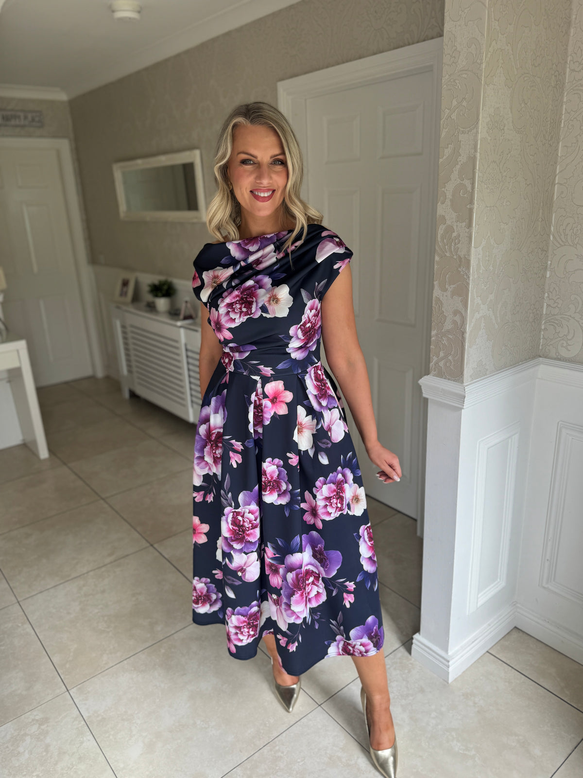 Betty Asymmetric Neckline Floral Skater Midi Dress Navy