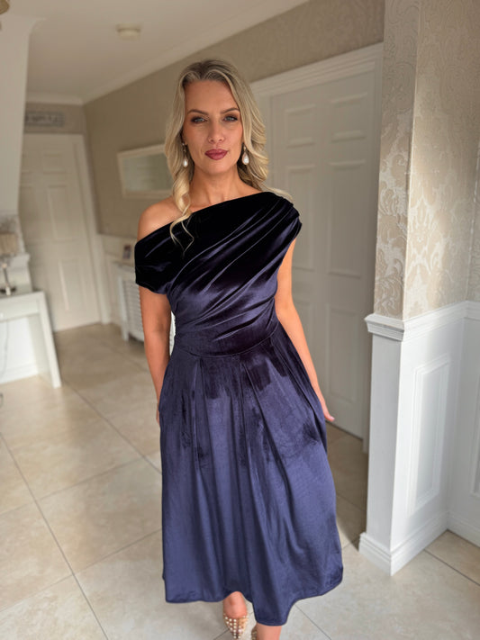 Betty Asymmetric Neckline Skater Midi Indigo Velvet