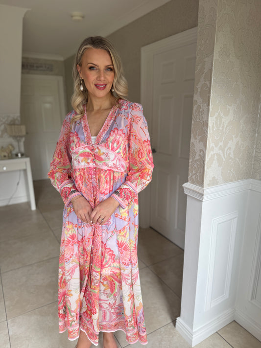 Paisley Printed Maxi Dress- Pink