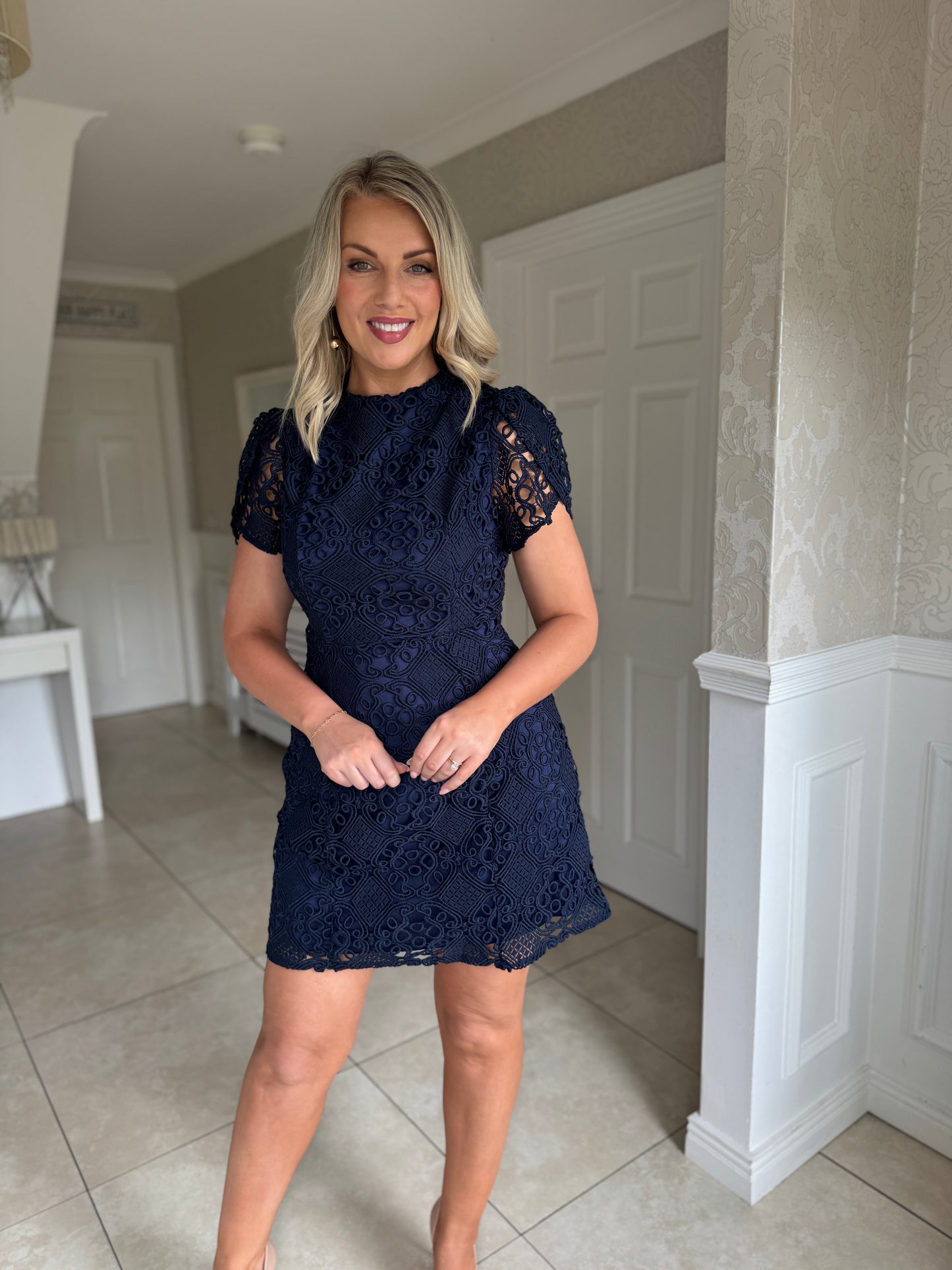 Ami Corded Lace Tulip Sleeve Mini Dress Navy