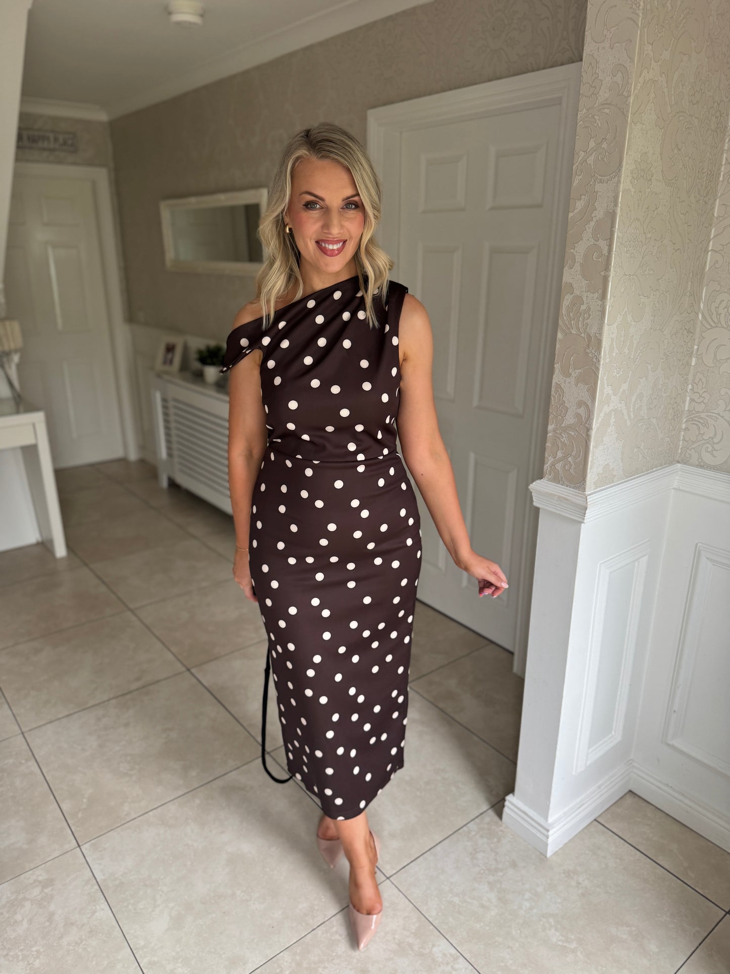 Chocolate Polka Dot Off The Shoulder Midi Dress