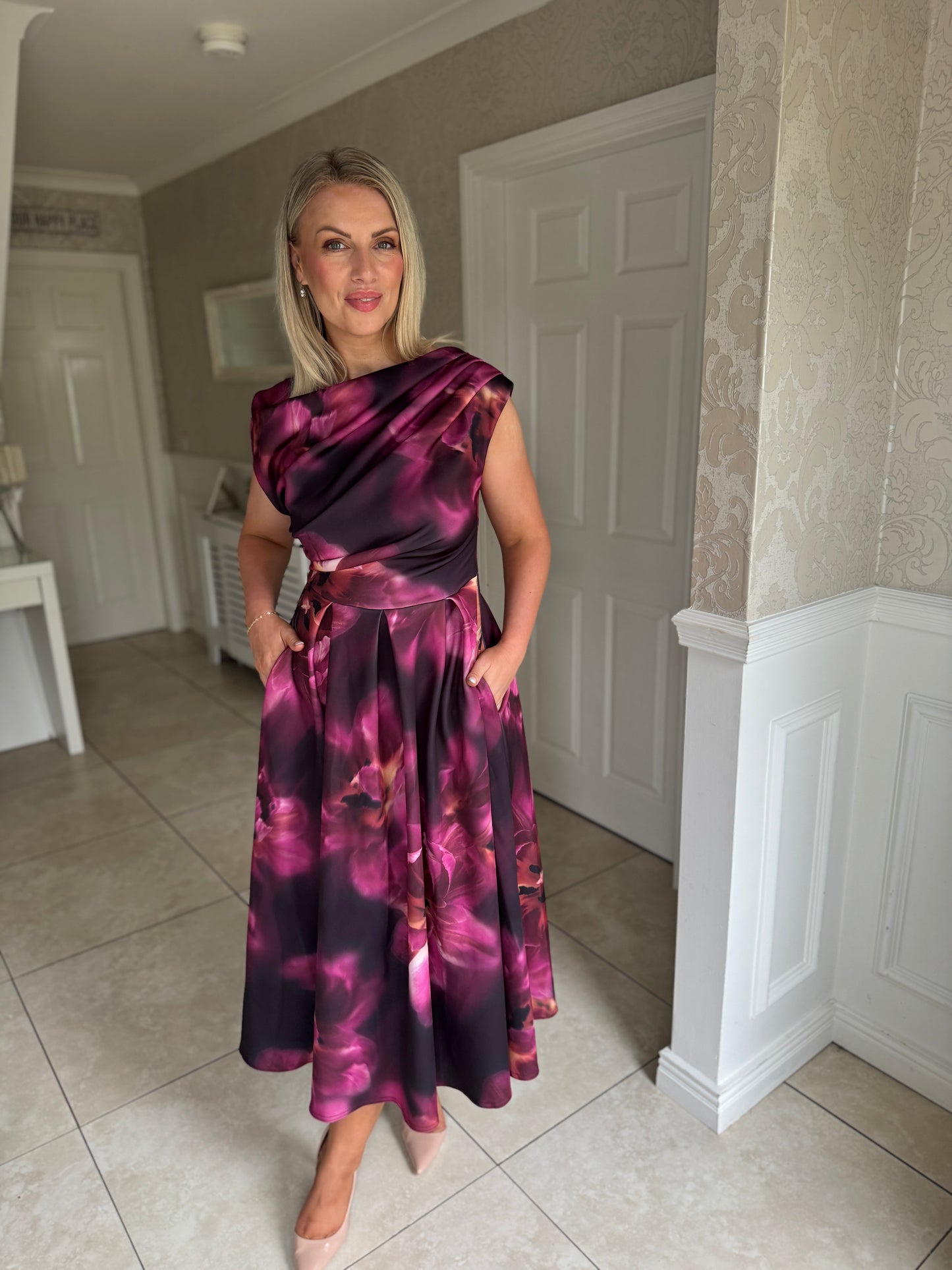 Betty Asymmetric Neckline Floral Skater Midi Dress Plum Floral
