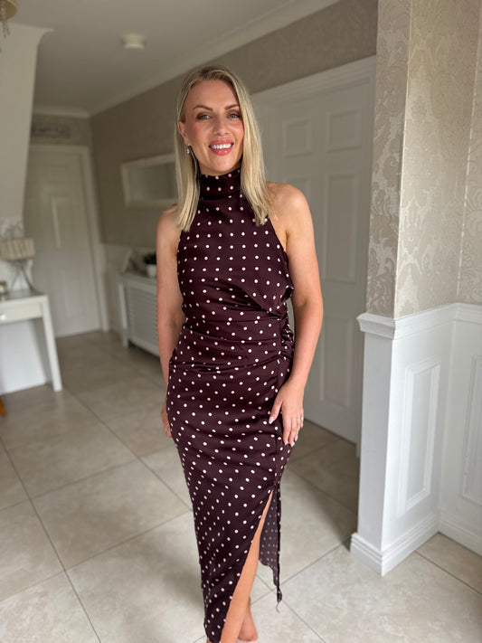 Burgundy Polka Dot Satin Ruched Midi Dress