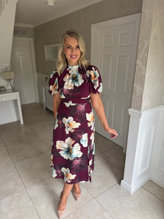 Lilith Plum Flower Puff Sleeve High Neck Midi Dress