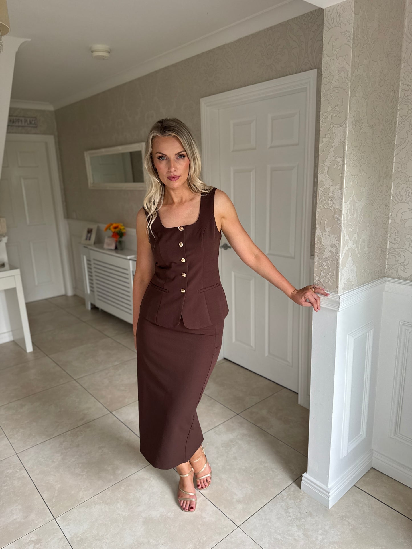 Vicky Reversible Tailored Midi Skirt Brown