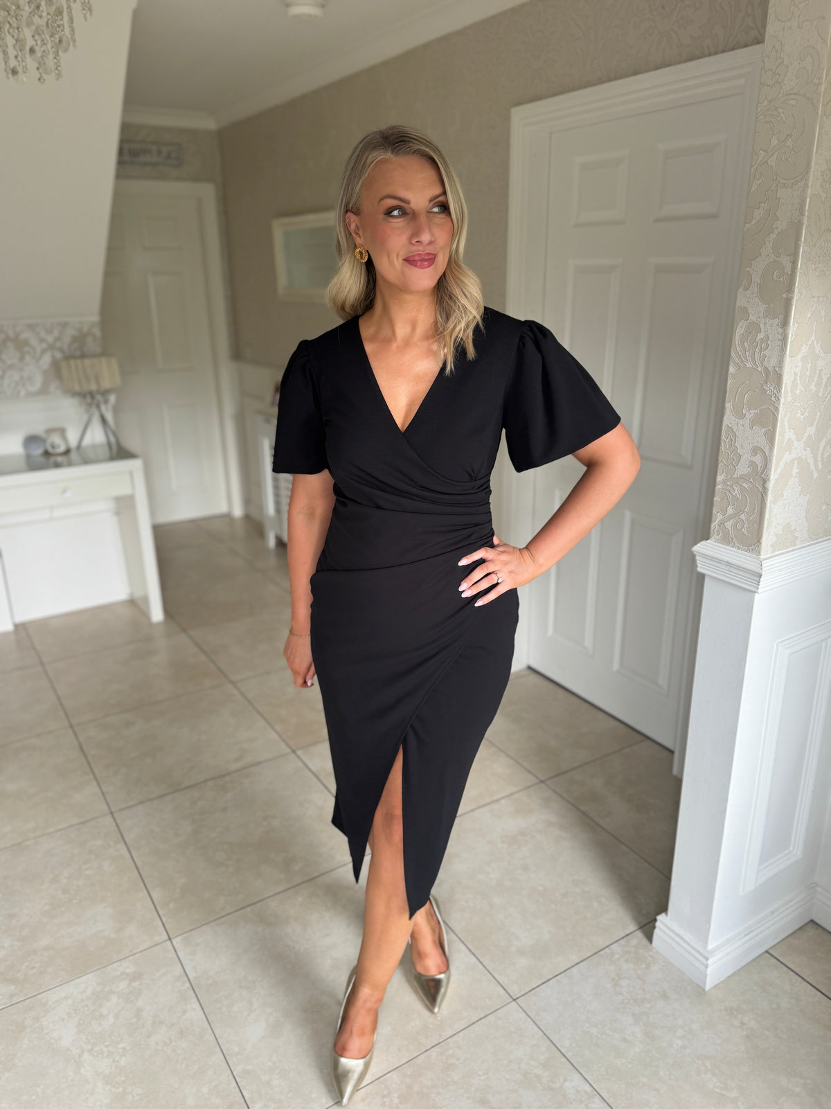 Freya Puff Sleeve Wrap Neck Ruched Midi Black