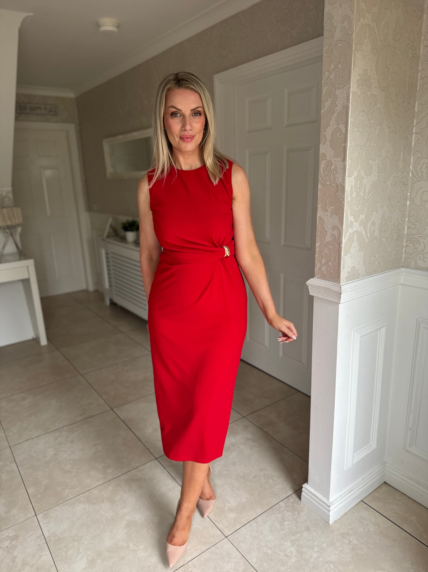 Louisa Gold Buckle Wrap detail Midi Dress Red