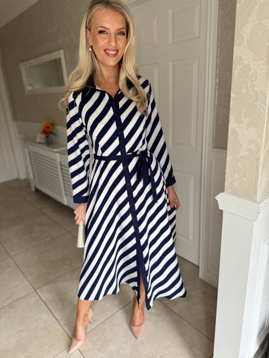 Striped Shirt Dress- Navy