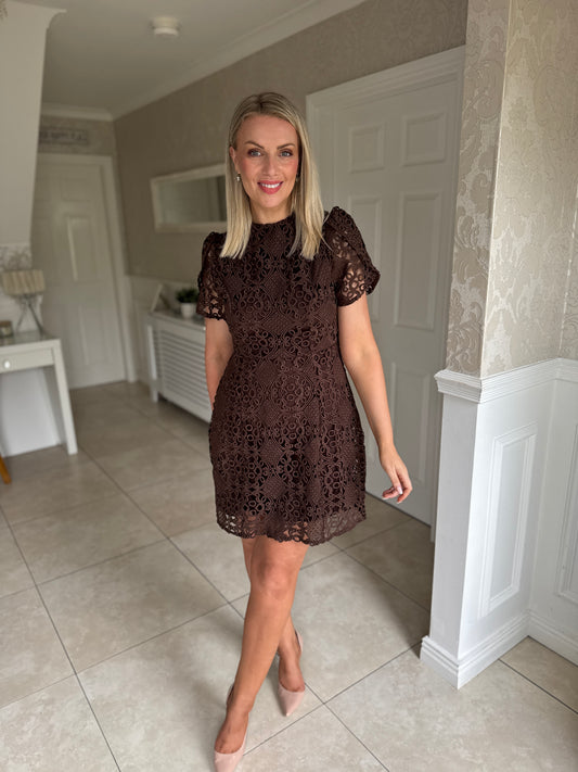 Ami Corded Lace Tulip Sleeve Mini Dress Brown