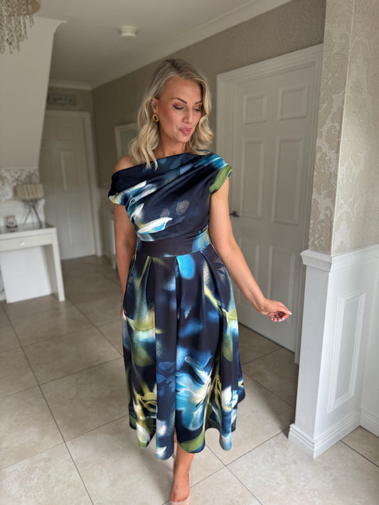 Betty Asymmetric Neckline Large Floral Skater Midi Dress Sapphire Blue