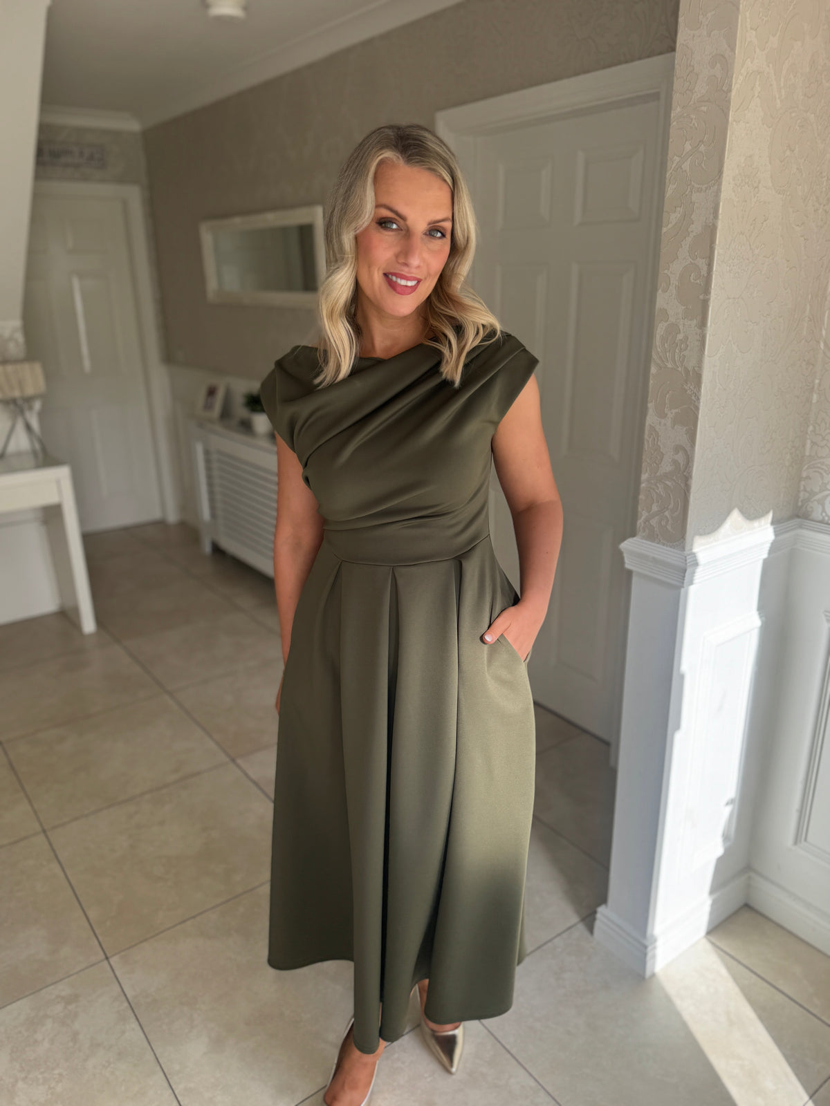 Betty Asymmetric Neckline Skater Midi Khaki Green