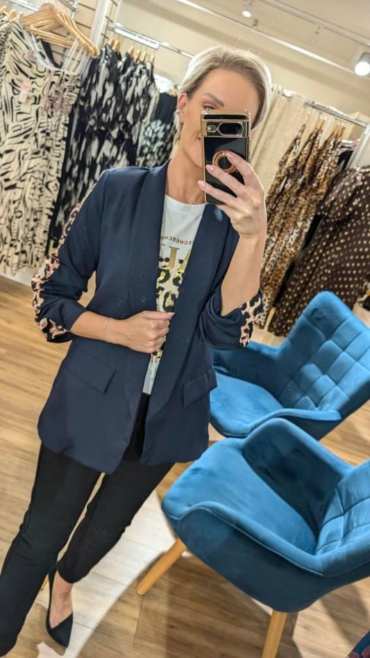 Navy Leopard Print Stripe Blazer